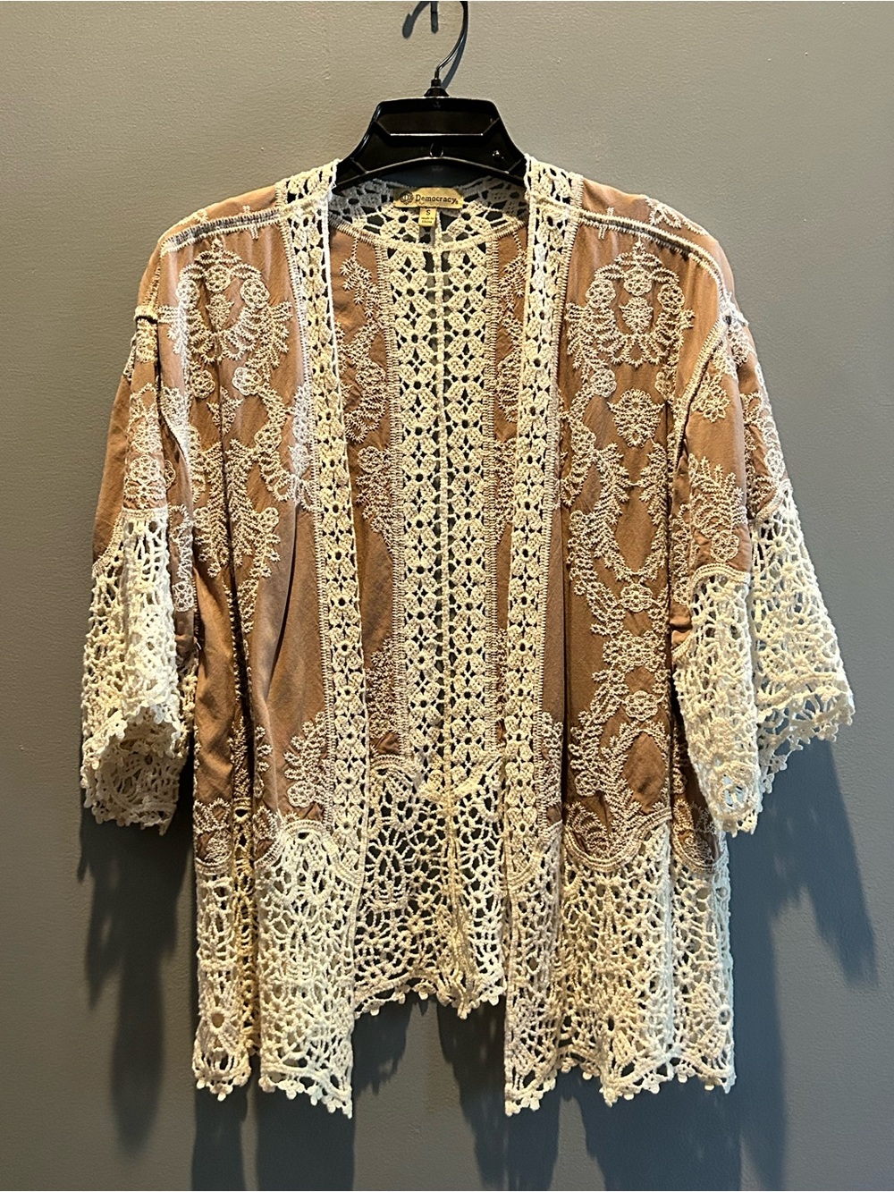 Democracy Cream Crochet Lace Open Kimono